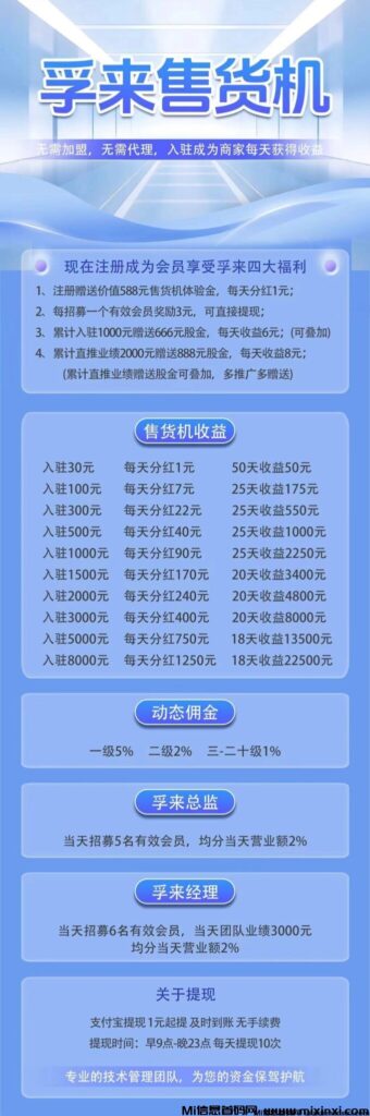 孚来售货机首码,正式上线,滑落模式,奖励可叠加-首码项目网