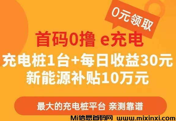 首码零撸国网e充电，充电桩1台+每日收益30元，补贴国补金10万元-首码项目网